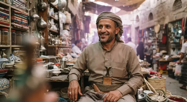 تاجرٌ في دكّانه في السوق القديم