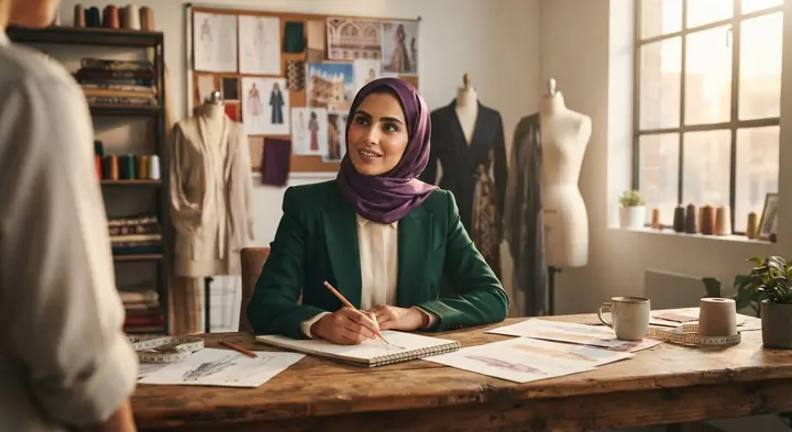 مصمّمة أزياء في مشغلها