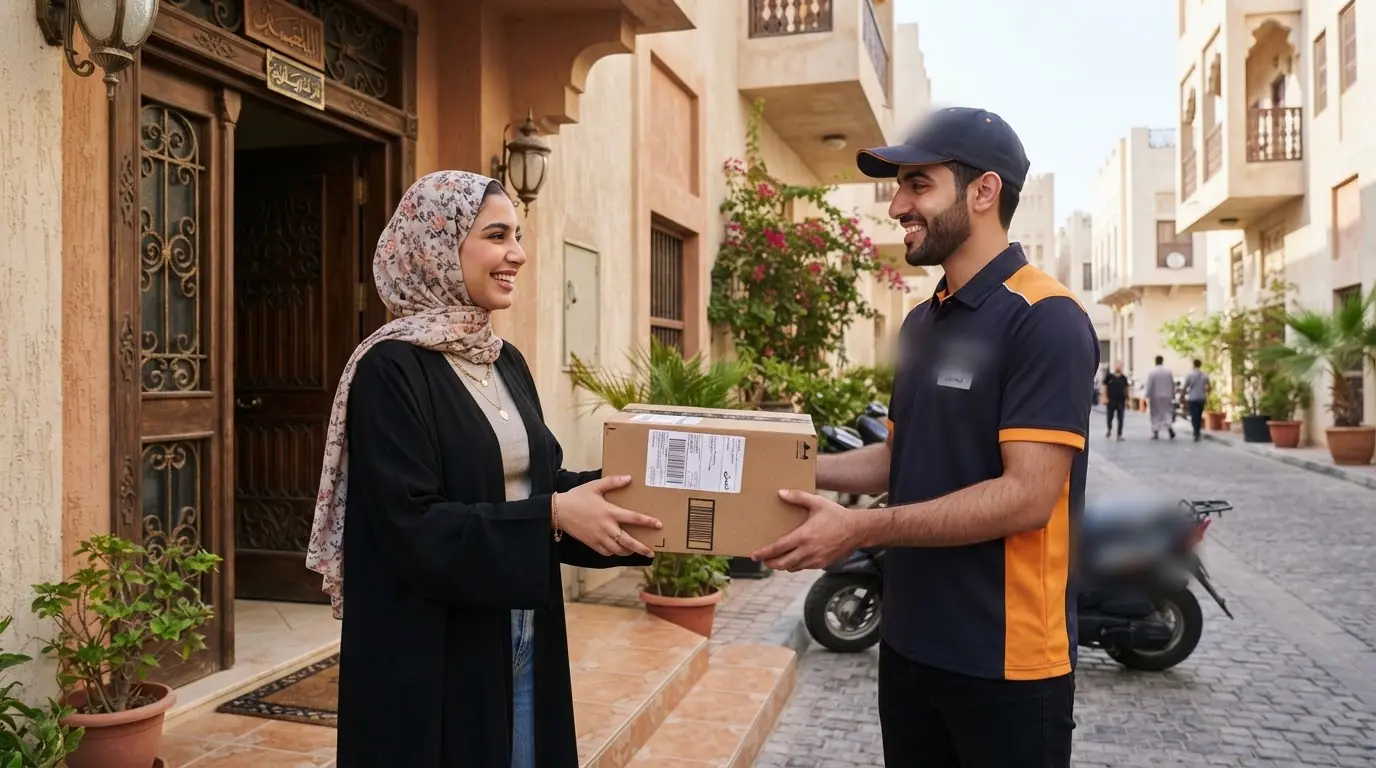 مندوبٌ يسلّم طلبًا لعميلةٍ عند باب بيتها