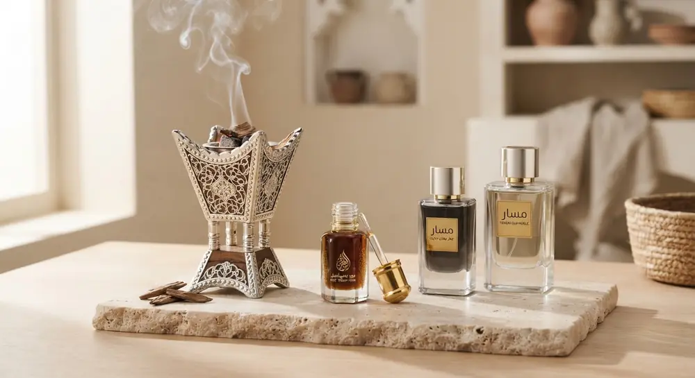 عطورٌ ومبخرةٌ معروضةٌ على رفّ